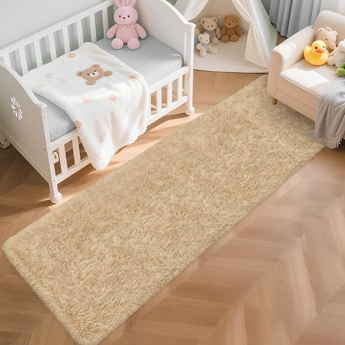 2x8 ft Beige Runner Rugs for Bedroom Living Room, Soft Plush Fluffy Throw Rug Shag Runner Carpet for Hallways Non Slip, Washable Light Beige Rug Carpet for Nursery Kids Girls Room Home Decor