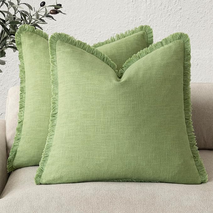 Foindtower Set of 2 Decorative Linen Fringe Throw Pillow Covers Cozy Boho Farmhouse Cushion Cover with Tassels Soft Accent Pillowcase for Couch Sofa Bed Living Room Home Decor,20×20 Inch,Lime Green