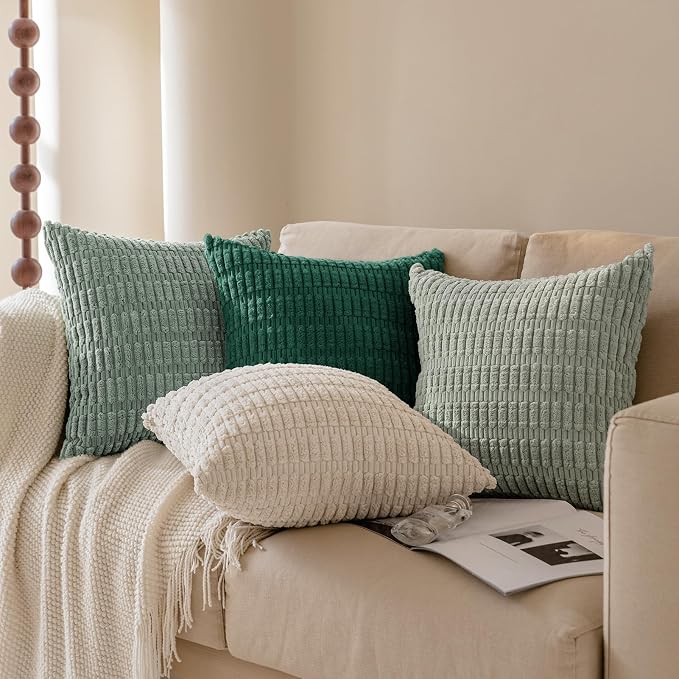 Softalker Corduroy Throw Pillow Covers 18x18 Set of 4, Green Gradient Soft Decorative Cushion Covers for Couch, Modern Farmhouse Boho Home Decor for Living Room Bed Sofa Outdoor, Beige/Green