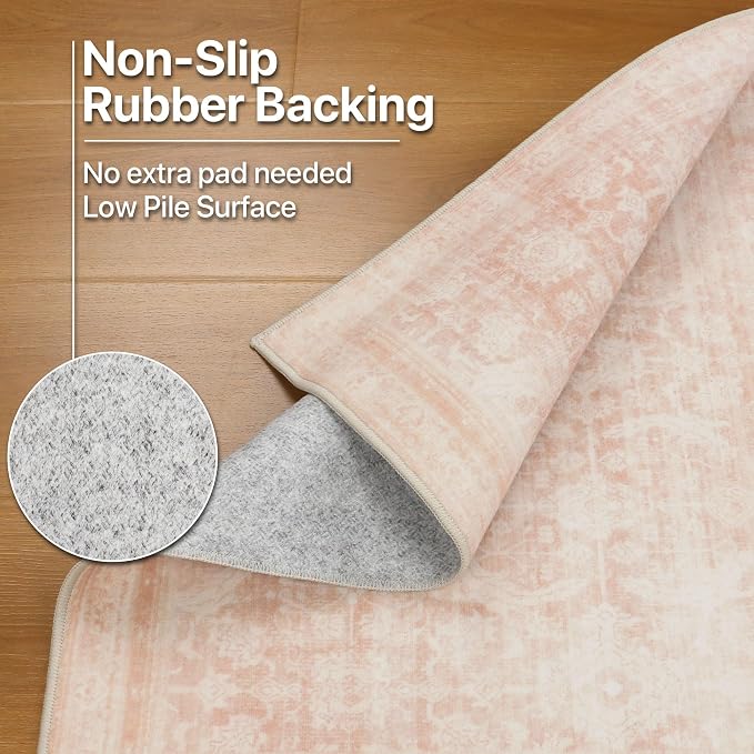 BESBLEE 3X5 Area Rugs Machine Washable Rugs for Living Room, Vintage Boho Large Rugs for Bedroom Dining Room, Non Slip Indoor Soft Distressed Lightweight Thin Low Pile Carpet, Pink