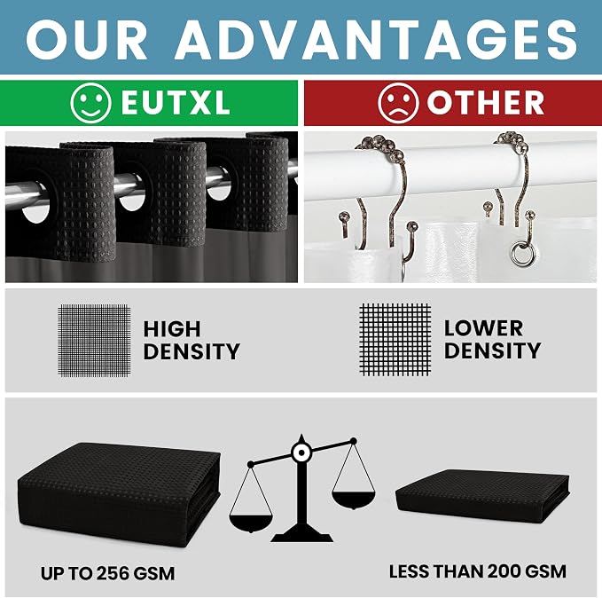 EUTXL Heavyweight Stall No Hook Shower Curtain with Snap in Liner,256GSM Waffle Weave Shower Curtains for Bathroom,36W x 74H,Black