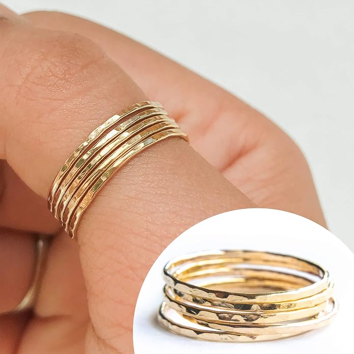 Ellie J Maui Hammered Ring, 1mm Thin Stacking Rings, Minimalist Rings for Women, 14K Gold Filled Rings for Teen Girls Midi Knuckle Pinky Finger Jewerly (Size 3-11)