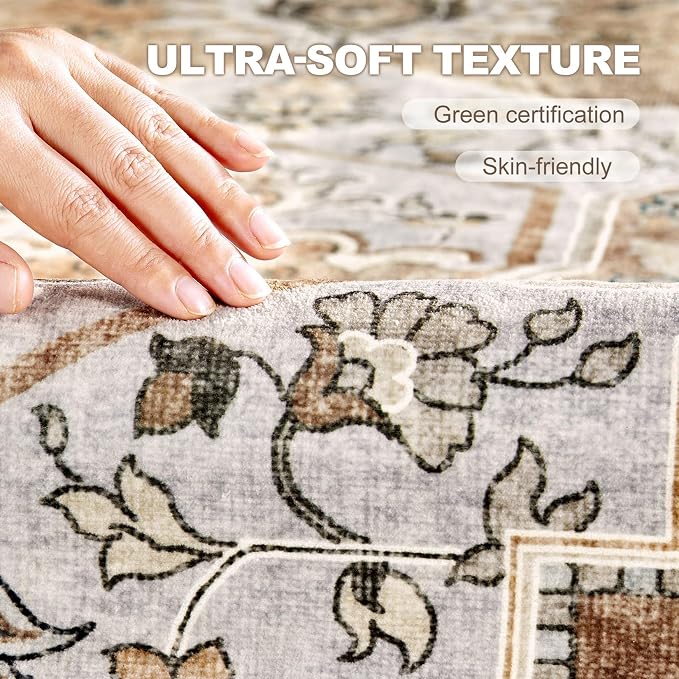 6x9 Washable Area Rug: Vintage Neutral Soft Non Slip Thin Large Floor Carpet for Living Room Bedroom Kitchen Dining Room Home Office Farmhouse Indoor - Grey Brown