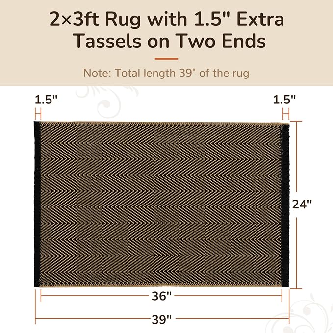 2x3 Washable Boho Area Rug with Tassels for Living Room Black Beige | Vacuum Friendly, Machine Washable, Non-Slip Entry Rug, Modern Farmhouse Neutral Decor Carpet, Entryway Kitchen Bathroom