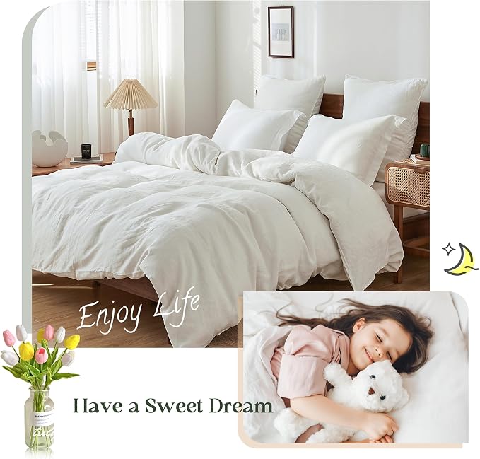 Simple&Opulence 100% Linen Duvet Cover Set, 3 PCS Natural French Flax White Duvet Cover Queen Size, Breathable Soft Comfy Linen Bedding Comforter Cover with 2 Pillowcases(White, 88"x92")