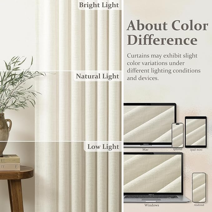 Memory Trained Pinch Pleated Linen Cream Beige Sheer Curtains 92 Inch Long
