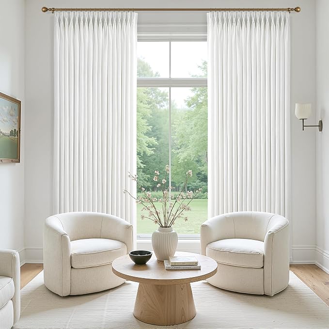 120 Inch Long White Pinch Pleated Linen Curtains 2 Panels Set for Living Room Bedroom Pinch Pleat Curtains Ivory Cream Semi Sheer Light Filtering Privacy Curtain 120 Inch Length for Sliding Door