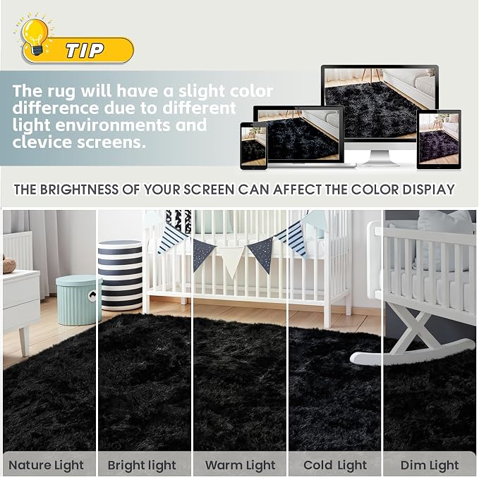 8x10 Area Rug for Living Room, Ultra Soft Fluffy Shag Rugs for Bedroom, Non-Slip Large Fuzzy Plush Rug Indoor Floor Carpet for Nursery Kids Office Dorm Modern Decor, Black