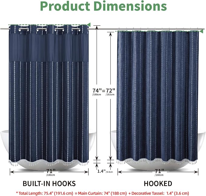 eachope No Hook Boho Farmhouse Shower Curtain with Snap-in Liner Set,Linen Rustic Heavy Duty Striped Fabric Shower Curtain with Tassel,Hotel Style Cloth Shower Curtains for Bathroom,Navy Blue,71x74