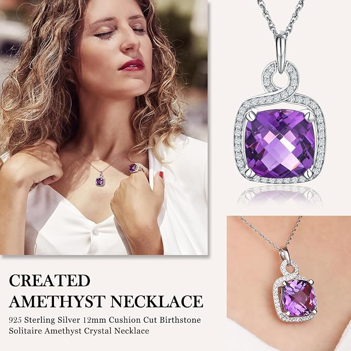 Birthstone Necklace for Women 925 Sterling Silver Cushion/Pear Cut Created Gemstone Halo Pendant Necklace Birthstone Jewelry