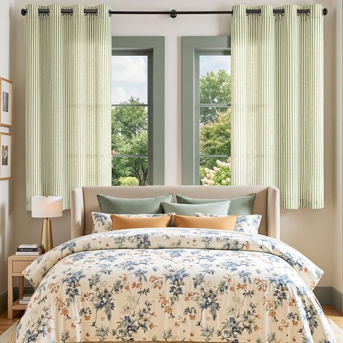 Vangao Linen Striped Curtains for Living Room Bedroom Farmhouse Tickingstripe Light Filtering Window Curtains Printed Drapes Grommet Top 2 Panels Green W50 x L63 Inch
