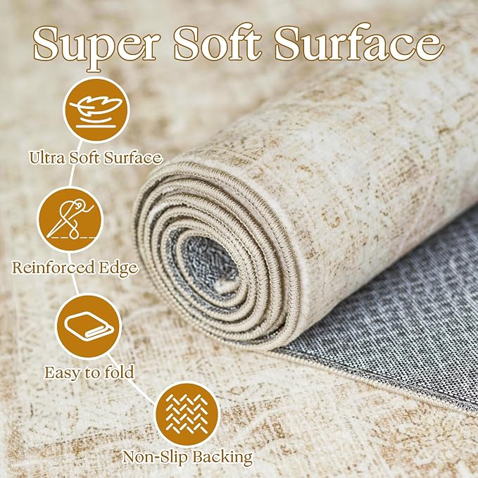 Beauoop 2x5 Hallway Runner Rug Washable Beige Neutral Vintage Distressed | Cream Retro Non Slip Low Pile Oriental Soft Thin Indoor Carpet Rug Entryway Entrance Kitchen Laundry Bedroom Bathroom Bedside