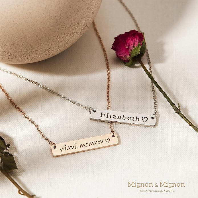 MignonandMignon Personalized Engraved Bar Necklace, Custom Name, Date, Coordinates, Friendship Jewelry, Birthday, Wedding, Graduation, Gift for Women
