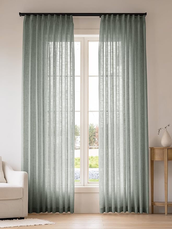 Liz Pinch Pleated Linen Curtains Light Filtering Curtains for Living Room, Farmhouse Window Curtains for Bedroom, Modern Drapes with Hooks and Rings, 95 Inches Long, Sage Green, 2 Panels Set