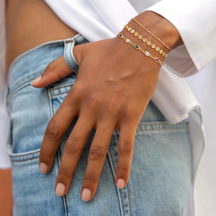 Dremmy Studios Gold Bracelet for Women 18K Gold Plated Dainty Paperclip Cubic Zirconia Disc Coin Star Cable Satellite Bead Pearl Simple Boho Minimalist Stacking Layered Link Jewelry Gift