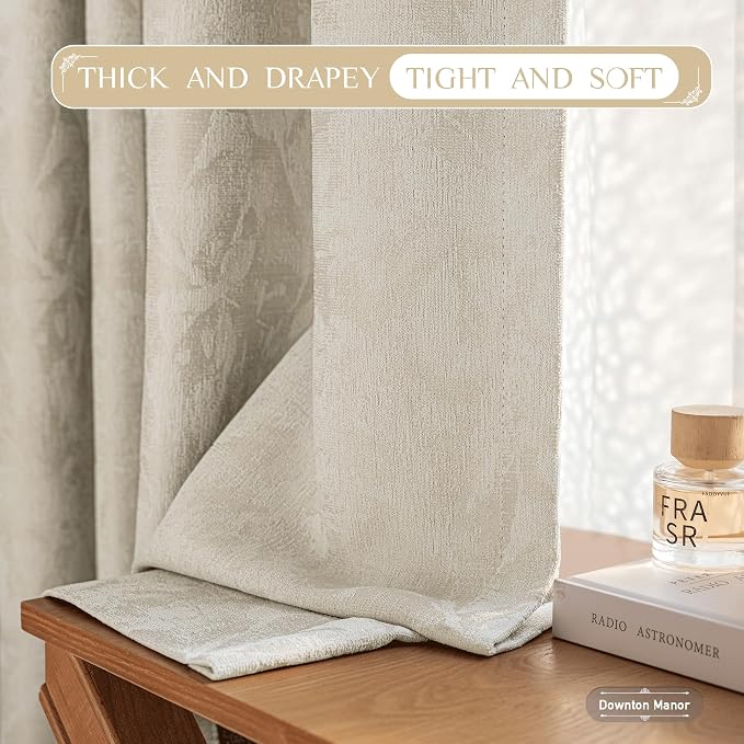 Beauoop Beige Floral Jacquard Blackout Curtains for Bedroom 52x63 2 Panels | Flower Chenille Room Darkening Drapes for Living Room 63 Inch Long Thermal Insulated Soundproof Window treatment Rod Pocket