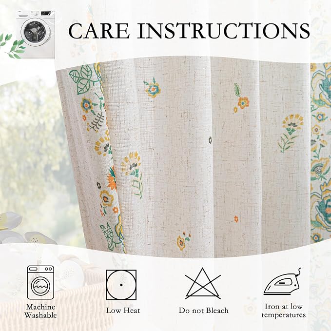 MYSKY HOME Boho Floral Curtains 72 inch for Living Room Semi Sheer Linen Look Bohemian Style Farmhouse Printed Curtains Light Filtering Privacy Back Tab Drapes, 50x84 Inch, Yellow and Blue, 2 Panels
