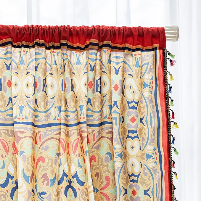 Gold Medallion Curtains 54 Inches Long, Boho Farmhouse Light Filtering Rod Pocket Drapes with Tassel Trim for Bedroom Living Room, 2 Panels