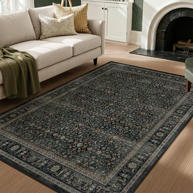 5x8 Area Rug Living Room, Vintage Moroccan Floral Trellis Dining Room Rugs for Under Table, Washable Non Slip Thin Carpet Rug for Den/Home Office/Kitchen/Foyer, Teal Green Brown Accents
