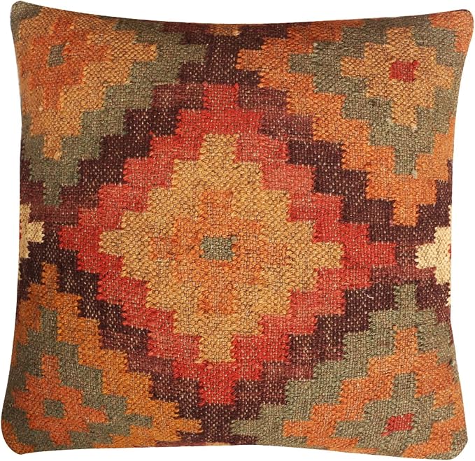 Set of 4 Geometric Wool Jute Square Throw Pillow Covers -Decorative 18 x 18 Inches Multicolour Cushion Covers Perfect for Sofa/Couch/Bed/Home/Outdoor/Car (Multicolour - 04)