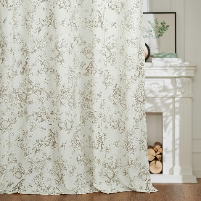 jinchan Linen Floral Curtains for Living Room 96 Inch Length Taupe Printed Flower French Country Curtain Farmhouse Cottage Core Toile Curtains Back Tab Light Filtering Window Drapes Set 2 Panels