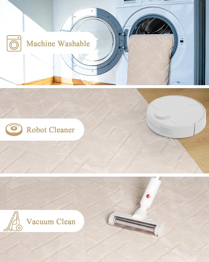 Beige Area Rugs for Living Room, 8' x 10' | High-Low Arch Washable Non Slip Indoor Floor Mat Modern Soft Rugs for Bedroom Boho Solid Color Carpet for Dining Room Kitchen
