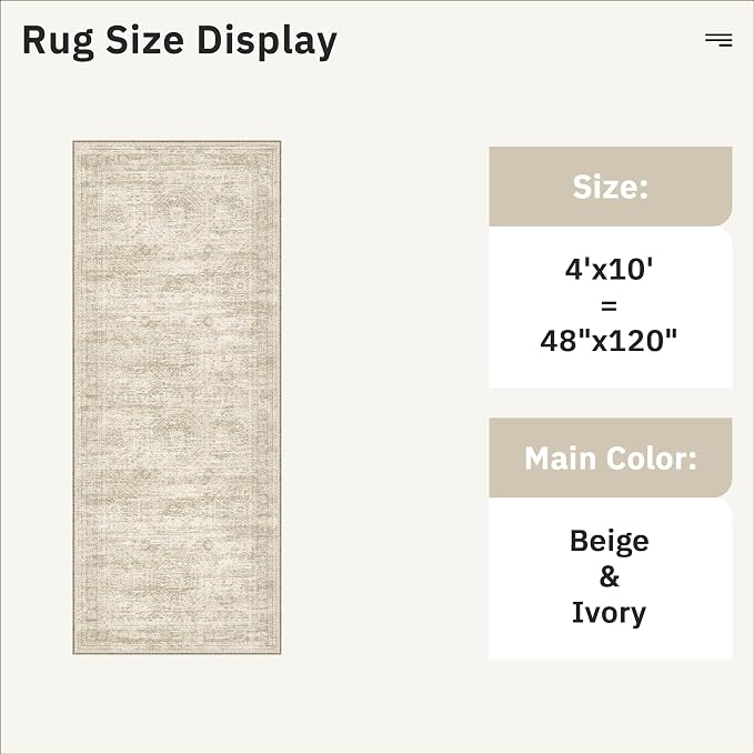 Soalmost 4x10 Wide Hallway Runner Rug: Washable Soft Rug Runners for Living Room Bedroom Ktichen, Stain Resistant Low Pile Area Rugs Non Slip Floor Carpet (Beige, 4x10)