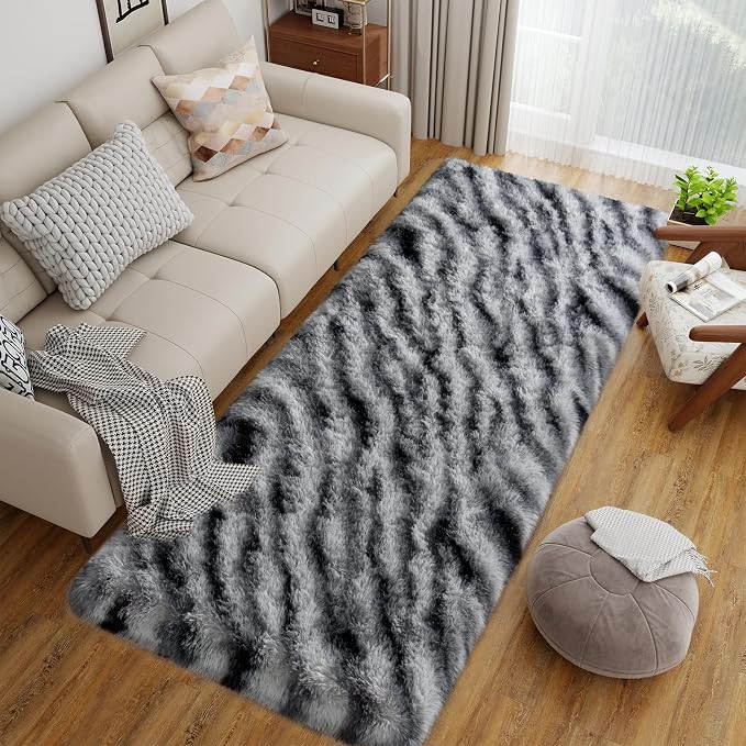 Dssimo Zebra Runner Rug for Bedroom Hallway Living Room, 2x6 Area Rugs | Soft Fluffy Shag Bedside Rug Non-Slip Carpet for Kids,Girls Boys and Teens Decorations for Living Room Dorm Nursery Classroom