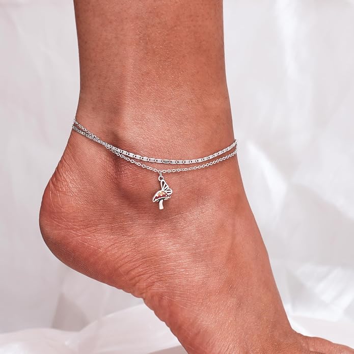 CHIC & ARTSY 925 Sterling Silver Ankle Bracelets for Women, Adjustable Layered Foot Chains with Nature & Symbol Charms, Lightweight Comfort Fit Boho Beach Everyday Jewelry