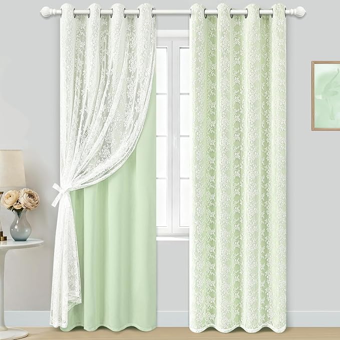 Yinhua Green Curtains for Living Room Blackout Curtains for Bedroom 84 Inches Long Double Layer Curtain with Tiebacks, Thermal Insulation Grommet Drapes for Nursery Dining Room, 52" W x 84" L