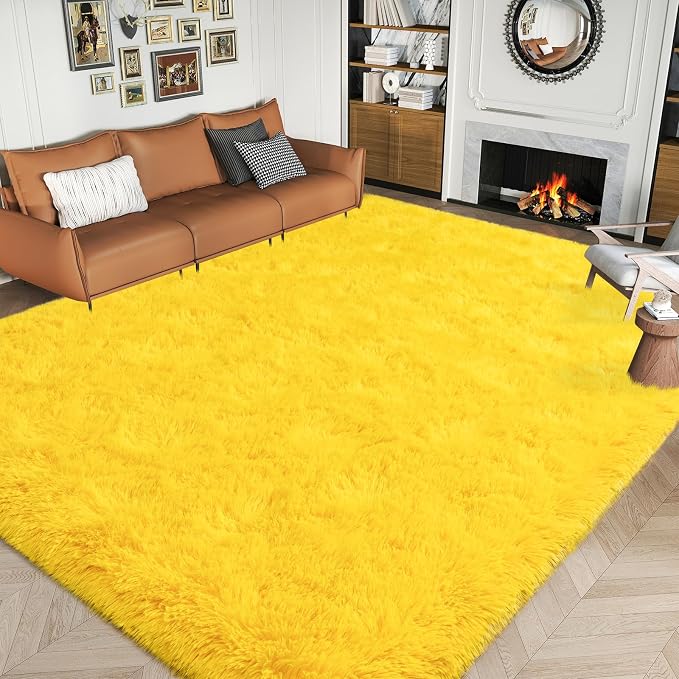Dssimo Yellow Rug for Bedroom Living Room, 9x12 Soft Shaggy Area Rugs | Large Plush Fluffy Upgrade Non-Slip Yellow Area Rug for Nursery Kids Room Dorm Room Home Decor, Indoor Plush Floor Carpet