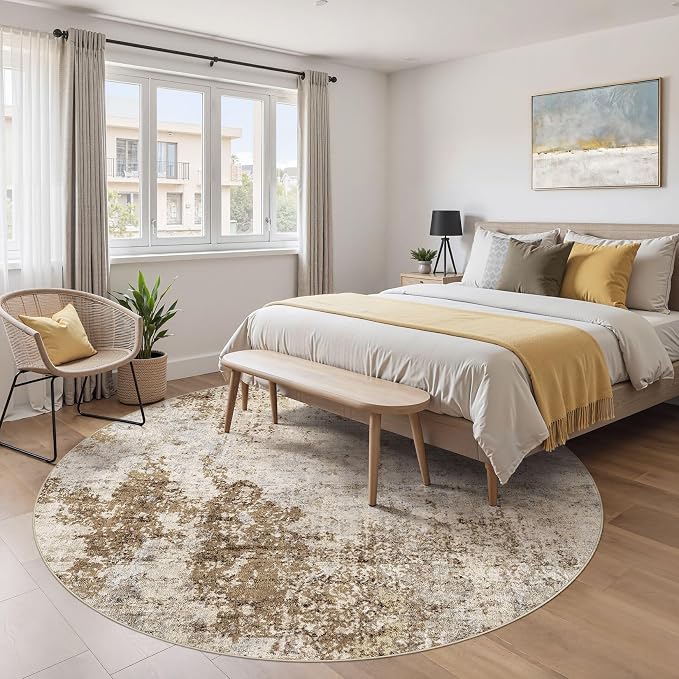 8ft Round Area Rug Living Room Rugs - 8x8 Washable Large Soft Indoor Neutral Modern Abstract Low Pile Rug Carpet for Bedroom Dining Room Farmhouse Home Office - Light Brown