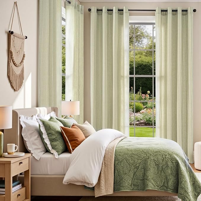 Vangao Linen Striped Curtains for Living Room Bedroom Farmhouse Tickingstripe Light Filtering Window Curtains Printed Drapes Grommet Top 2 Panels Green W50 x L96 Inch