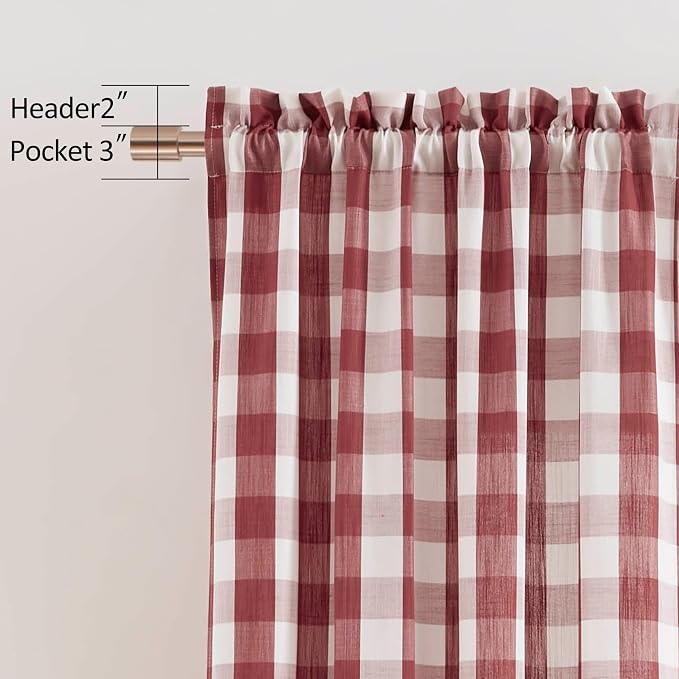 90 Inch Red White Buffalo Plaid Semi Sheer Curtains Rod Pocket | Extra Long Gingham Drapes for Bedroom Living Room,Farmhouse Light Filtering Panels Home Decor,52"Wx90"L,Pack of 2