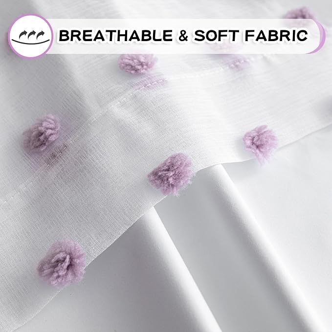 MYSKY HOME 100% Blackout Curtains for Living Room 95 Inch Long Total Light Blocking Curtains for Sliding Door 2 Panels Grommet Room Darkening Girls Bedroom Drapes with Purple Pom Pom Sheer 52 x 95 in
