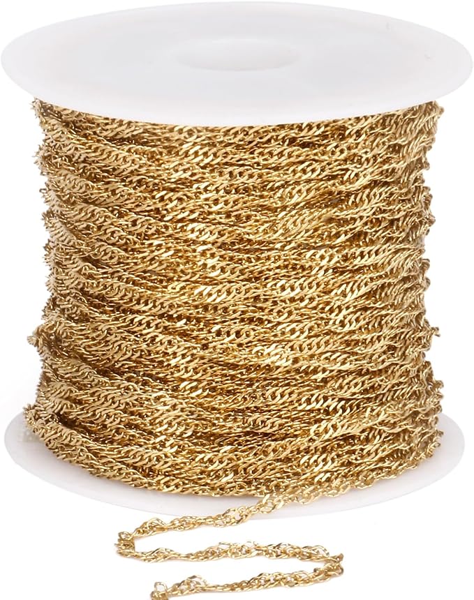 33 Feet 18K Gold PVD Plated Singapore Chains Roll, 1.7mm Width 304 Stainless Steel Gold Twisted Link Chain Bulk Spool for Jewelry Making DIY Craft