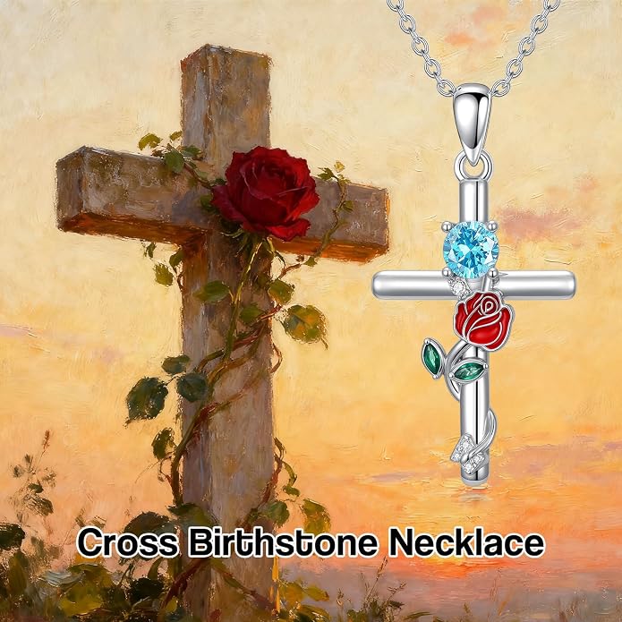 Birthstone Cross Necklace 925 Sterling Silver Rose with Butterfly Birthstone Cross Pendant Necklace Jewelry Gifts for Women Birthday Christmas