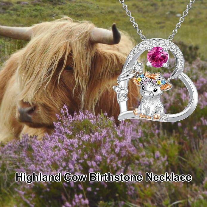 Highland Cow Gifts for Women 925 Sterling Silver Highland Cow Birthstone Necklace Fluffy Cow Jewelry Gifts Birthday Christmas