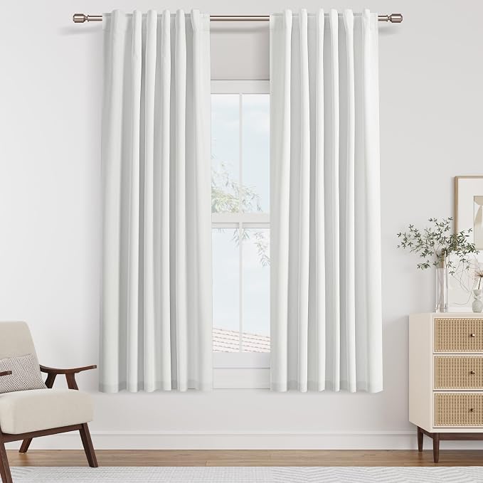 Guken 100% Blackout Linen Curtains 40 Inch Wide by 63 Inch 2 Panels Set for Living Room Bedroom Back Tab Thermal Insulated Black Out Linen Drapes Room Darkening Window Curtains,White