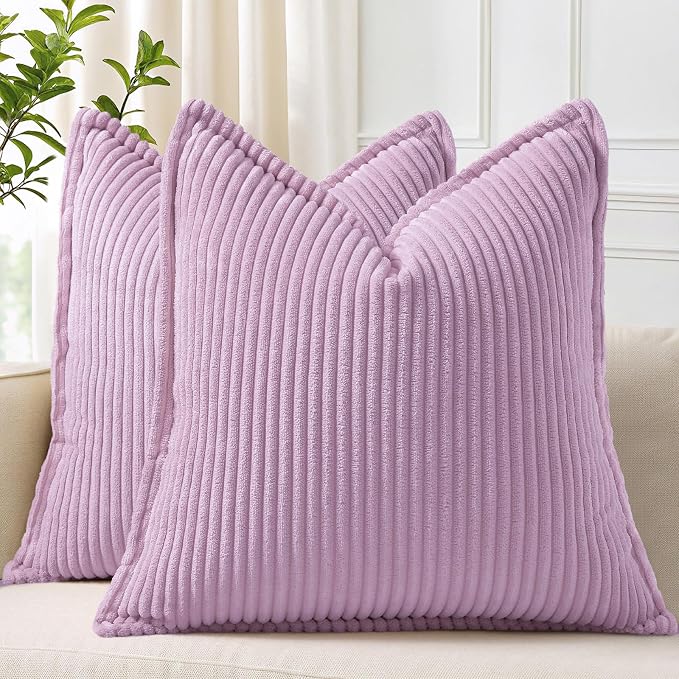 decorUhome Fall Corduroy Lilac Throw Pillow Covers 26x26 Set of 2 | Euro Sham Couch Decorative Soft Modern Boho Farmhouse Pillow Covers Broadside Striped Pillow Cases for Living Room Bed Sofa