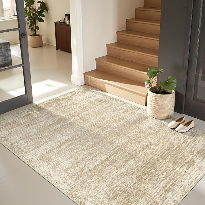 zesthome 4x6 Washable Area Rugs for Living Room, Neutral Abstract Rug Brown | Machine Washable,Non-Slip Backing,Stain Resistant Rugs for Bedroom, Dining Room, Home Office, Ultra-Thin Low Pile Rug