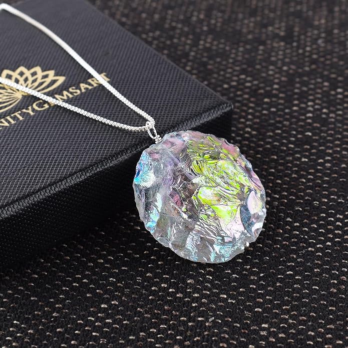 YANARA Aura Quartz Necklace For Women, April Birthstone, Natural Gemstone Rough, Raw Crystal Handmade Necklace, Chakra Healing Crystals, Silver Plated Chain 18 inch - Graduation Gift Jewelry