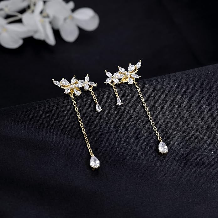 SLUYNZ 925 Sterling Silver Dainty CZ Flowers Wrap Earrings Dangle Chain for Women Elegant Dangling Earrings Bridal Earrings Wedding Engagement Drop Earrings Prom Engagement Party Jewelry