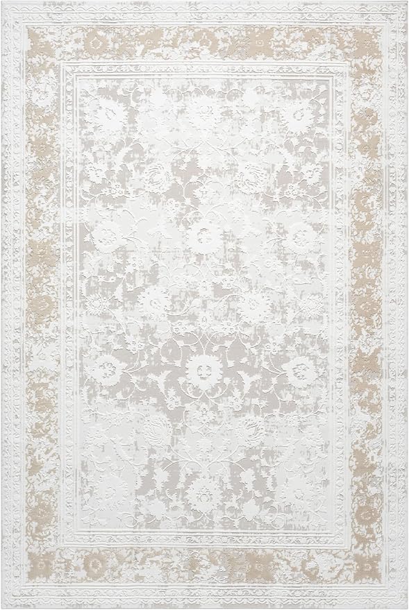 Amber Traditional Floral Area Rug for Living Room, 6x9 Vintage Persian-Inspired Cream Neutral Rug, Medium Pile Stain Resistant Carpet for Bedroom, Dining Room or Kitchen (6' x 9', Cream)