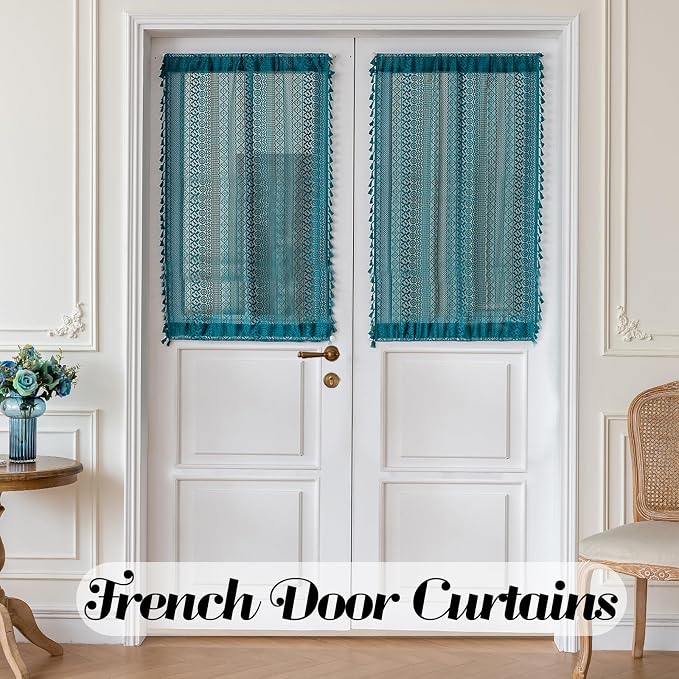 Sutuo Home French Door Curtains for Doorway Glass & Sidelights, Semi Sheer Door Window Curtains for Patio Vintage Chic French Country Tassels Privacy Drapes Rod Pocket 2 Panels 25" W x 40" L Teal