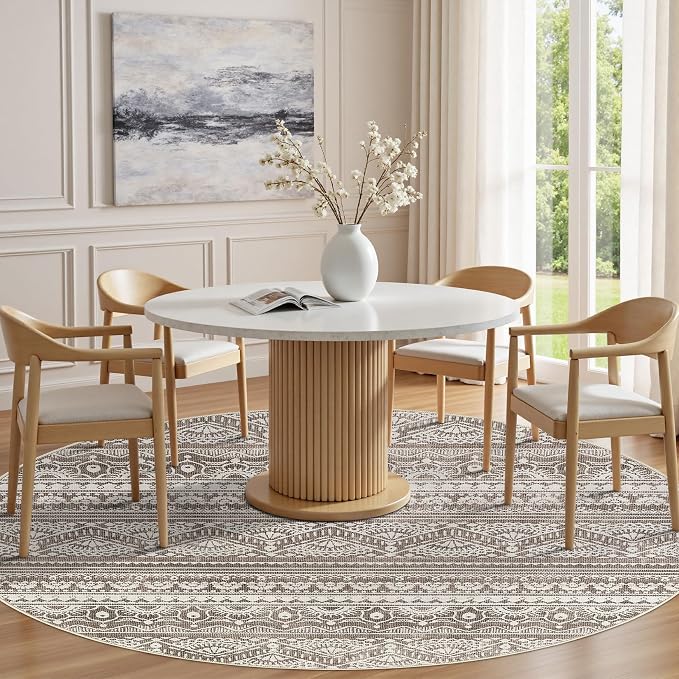 Tortania 6' Round Area Rug Living Room Rugs - Washable Large Soft Neutral Boho Moroccan Bohemian Farmhouse Rug Indoor Floor Carpet for Bedroom Under Dining Table Home Office Decor - Dark Brown