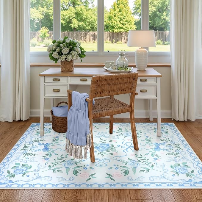 Collive 4x6 Rugs for Bedroom Girls, Boho Blue Floral Washable Area Rug Non Slip, Soft Indoor Decor Elegant Carpet for Kids Room Nursery Living Room Dining Room (Blue 4' x 6')