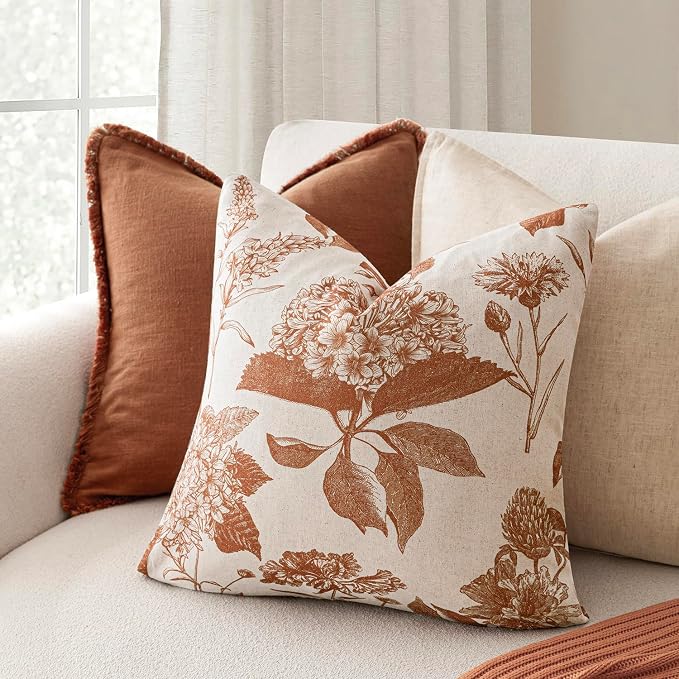 Foindtower Set of 2 Linen Floral Throw Pillow Covers Vintage Accent Print Decorative Cozy Cushion Covers Farmhouse Boho Home Decor for Sofa Chair Couch Bedroom Living Room,20×20 Inch,Autumn Orange