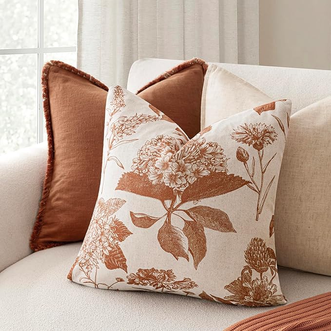 Foindtower Set of 2 Linen Floral Throw Pillow Covers Vintage Accent Print Decorative Cozy Cushion Covers Farmhouse Boho Home Decor for Sofa Chair Couch Bedroom Living Room,18×18 Inch,Autumn Orange