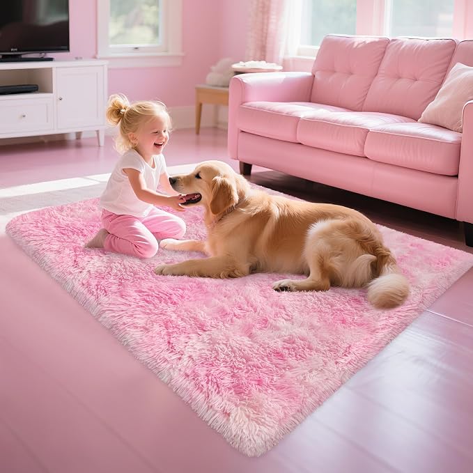 3x5 Fluffy Pink Rugs for Bedroom Girls, Soft Pink Fuzzy Rug for Girls Kids Baby Room, Kawaii Fuzzy Thick Shag Carpet Plush Mat Non-Slip Throw Rugs for Nursery Playroom Dorm Home